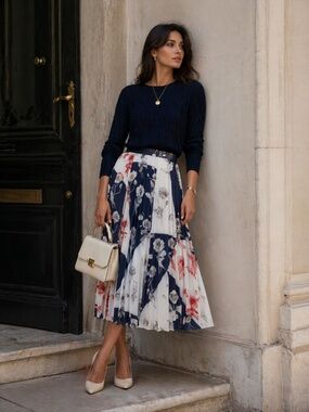 NWT Judith & Charles pleated Luminism Skirt 10 blue/white red floral luxury